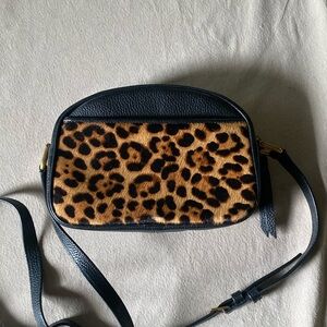 J. Crew Devon camera bag in leather with leopard calf hair